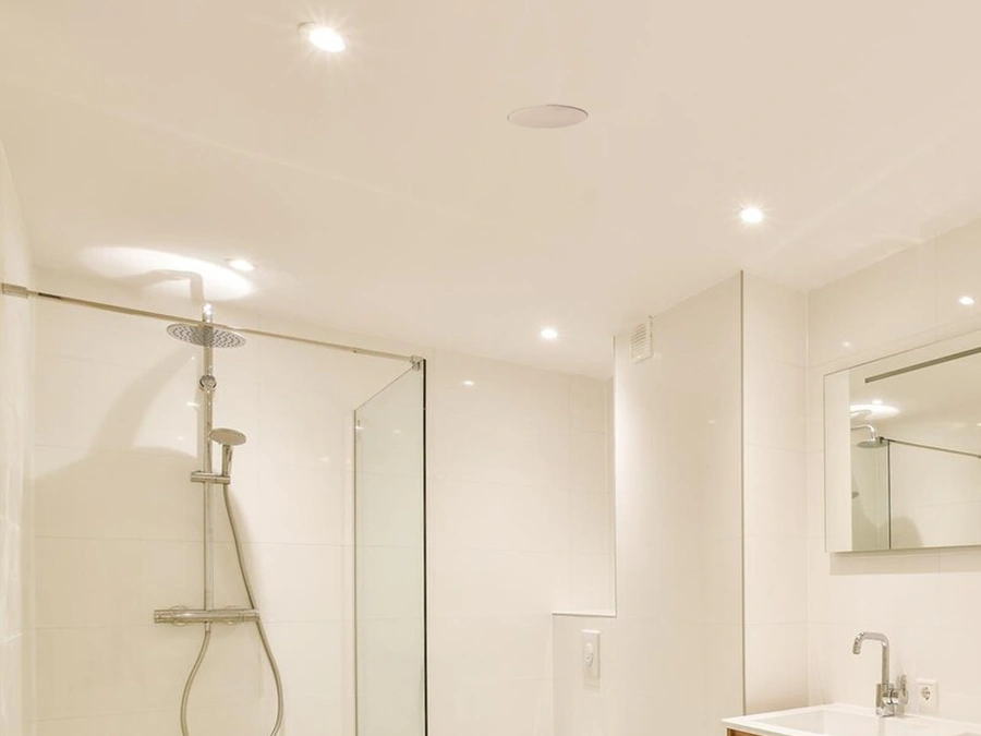 A bright walk-in shower room with a Lithe Audio speaker set into the ceiling
